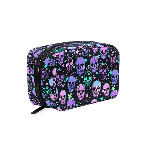 MNSRUU Small Cosmetic Bag for Girl Women Travel, Stars Purple Skulls Makeup Toiletry Organizer Bags with Compartments