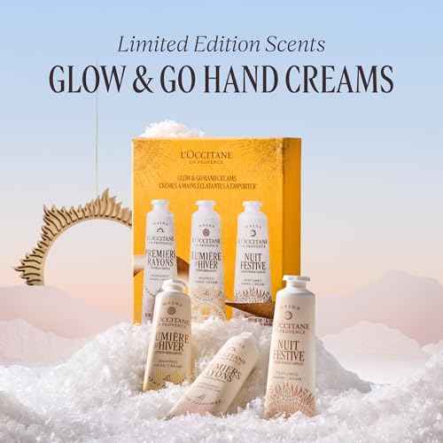L'OCCITANE Glow & Go Hand Cream Trio: Gift Holiday Hand Creams Featuring notes of Peony, zesty Lemon, & creamy Vanilla.