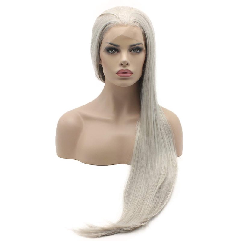 Lushy Hair Synthetic Lace Front Wig Straight Extra Long 28 inch Gray Wig Heat Resistant Heavy Density Realistic Wig