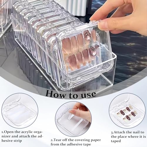 Press on nail storage 12 PCS Acrylic Nail Storage Box - Portable Versatile Organizer for Press - On Nails, Jewelry and More with 60 Pcs Adhesive Double Sided Tape