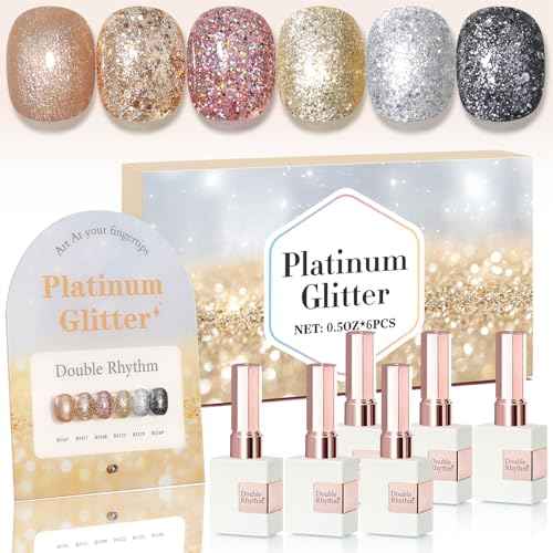 Double Rhythm 0.5 Oz Glitter Gel Polish Set of 6 Color with Display Borad 15 ml Full Size Kit Shimmer Reflective Sparkle Soak Off Manicure Salon DIY at Home (Rose Gold Silver Black Bright-T6-38)