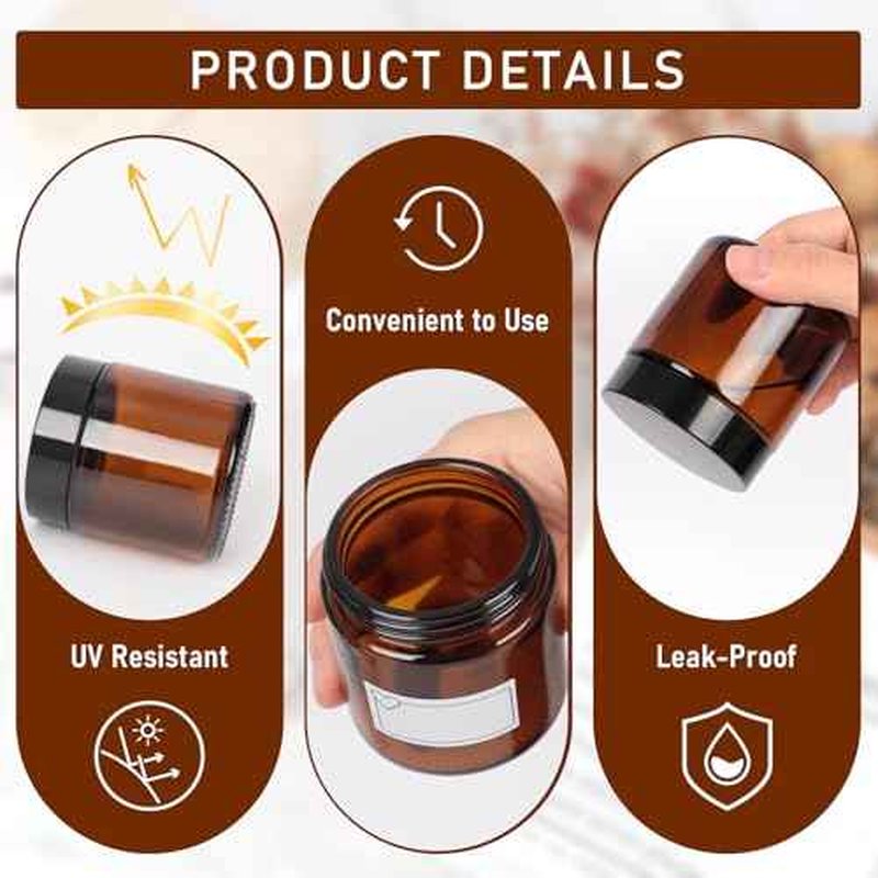 4oz Amber Glass Jars with Lids 2Pack, Small Salve Containers with Inner Seal for Creams, Candles,Accessories and DIY Lotions, White Stickers Included