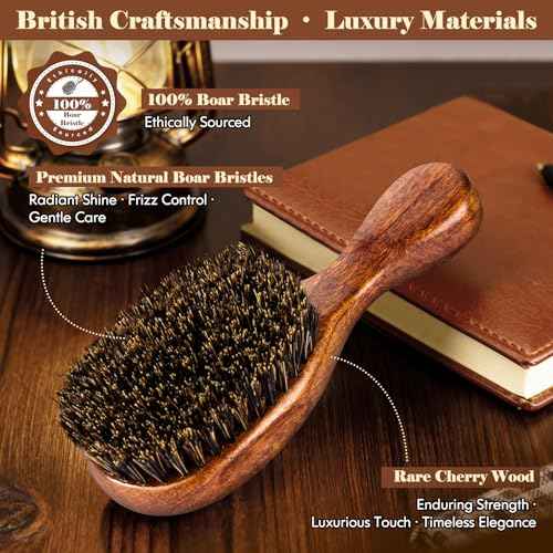 Boar Bristle Hair Brush Since 1965 British Craftsmanship, Handmade Natural Wooden Mini Hairbrush/Beard Brush, Pure Soft Bristles Gentle Detangling Women Men Kids Thin Fine Hair, Smooth & Shine