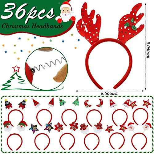 Zhehao 36 Pcs Christmas Headbands Bulk Santa Reindeer Antlers Snowman Santa Hat Headbands for Adults and Kids Cute Xmas Holiday Costume Headwear Accessories Christmas Party Favors