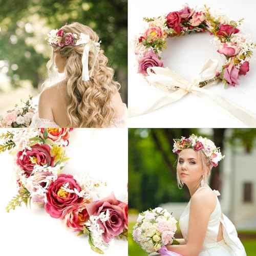 Rose Flower Crown Women Boho Flower Headband Hair Wreath Floral Headpiece with Ribbon Flower Leaves Crown for Wedding Festival Party Photos