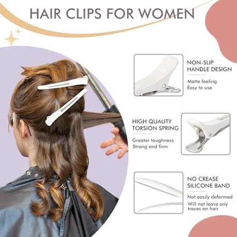 12PCS Hair Clips for Styling Sectioning - Non Slip No Crease Duck Billed Hair Clips for Women with Silicone Band - Professional 4.3 Inch Large Salon Hair Cutting Clips for Hairdresser - White