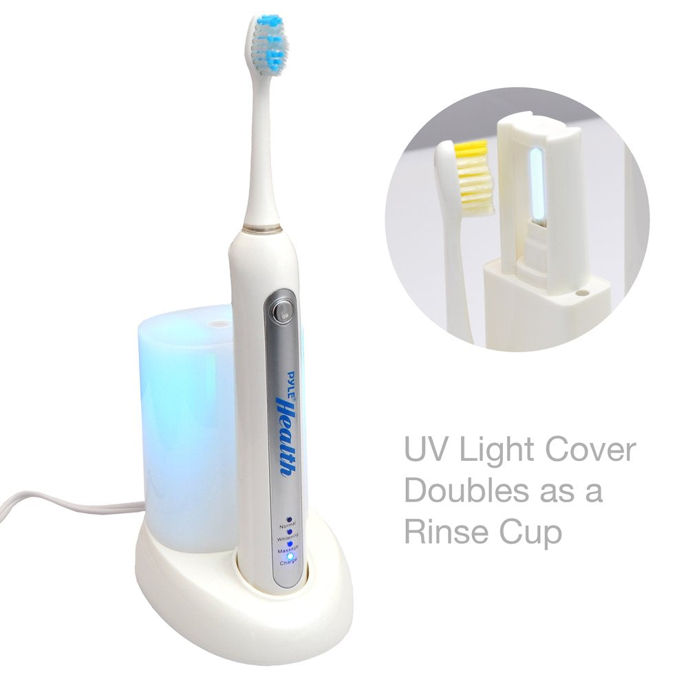 Pyle Wave Rechargeable Electric Toothbrush - w/ 3 Brush Mode, UV Light, 2 min Timer, 2 Oral Brush Heads, Charging Dock Holder - for Kids, Teens, Adults