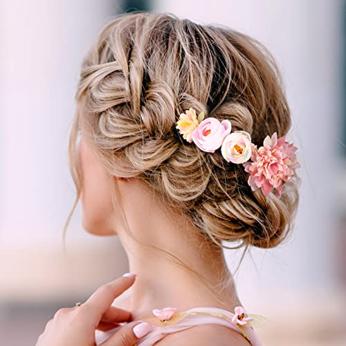 BBTO 21 Pcs Flower Hair Clip Rose Hair Clips Barrettes for Women Flower Accessories Boho Bride Claw Clip Hairpin Brooch Pin Headpiece for Wedding(Pink, White)