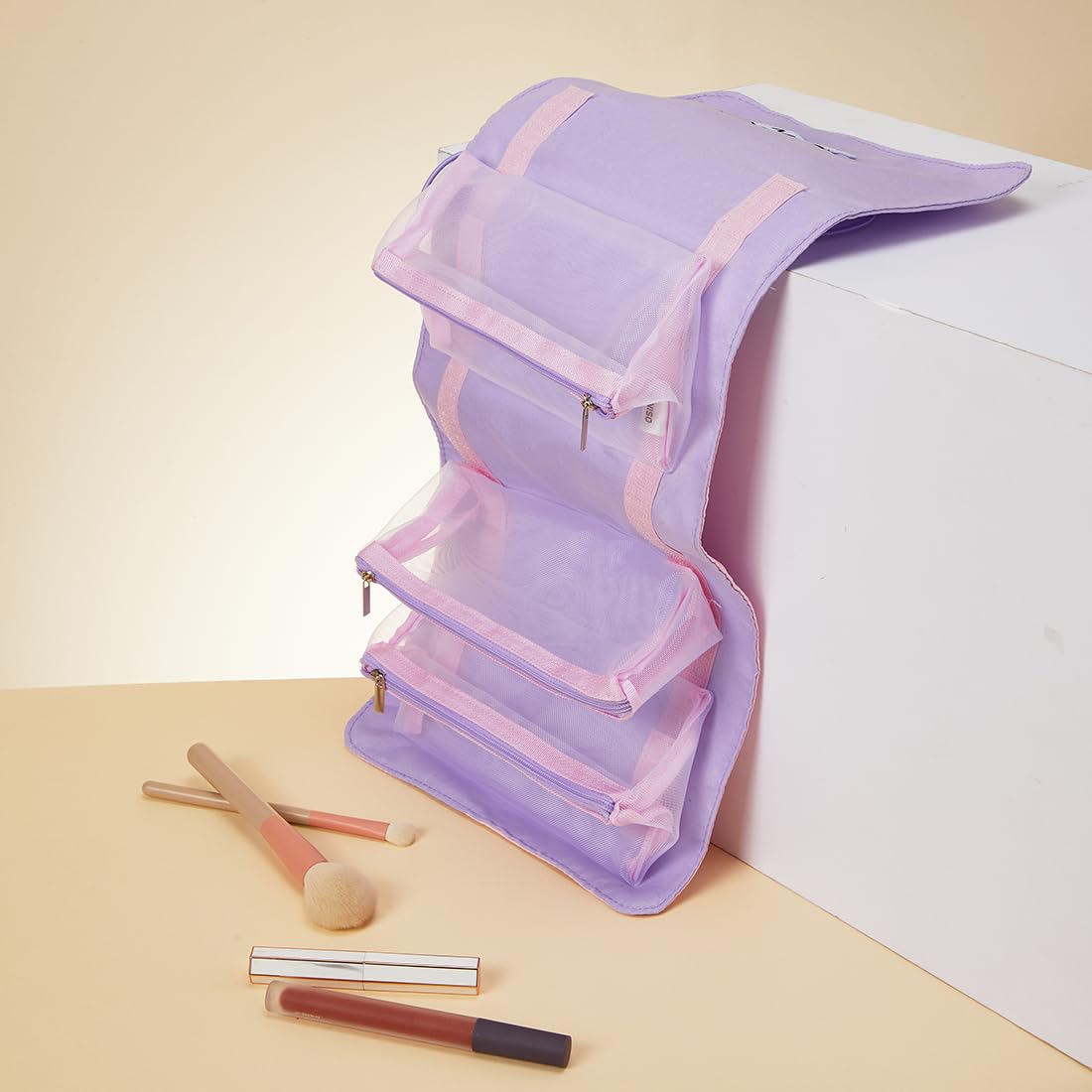 MINISO Snoopy Colorful Life Collection Foldable Makeup Bag Cosmetic Bag Waterproof Large Roll-Up Portable Travel Organizer For Women Girls (Purple)