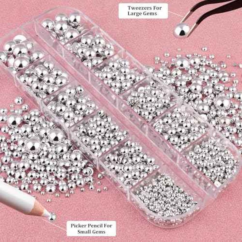 Belleboost Silver Nail Charms and Gems, Half Round Flatback Pearl Nail Charms, Nail Pearls Rhinestones Kit Silver Beads for Nails with Pencil and Tweezer for DIY Nail Art, Face Makeup and Crafting
