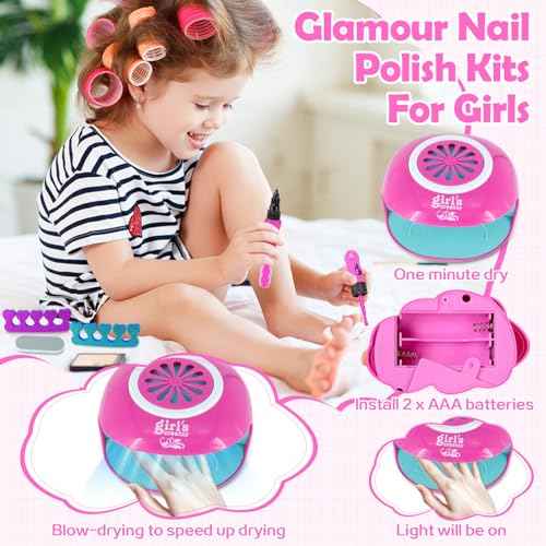 Kids Nail Polish Set for Girls,Kids Nail Art Kit for Girls Ages 7-12 Years Old Cool Girly Gifts with Nail Polish, Pen, Nail Dryer, Stickers, Glitter, Makeup Gift for Birthday