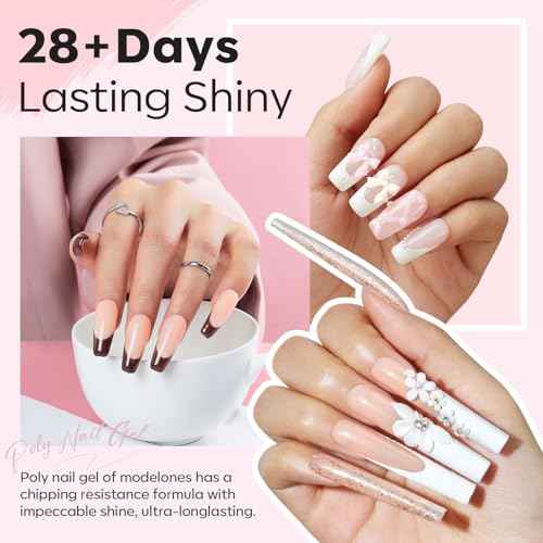Modelones Poly Nail Gel Kit, 6 Colors Poly Extension Gel Clear Pink White with 48W U V/LED Lamp 3D Nail Charms Builder Slip Solution Complete Toe Manicure Supplies Tools for Starter