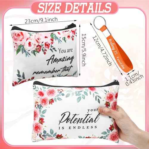 Hillban 32 Pcs Canvas Cosmetic Makeup Bag Women Christmas Inspirational Gifts Travel Toiletry Makeup Bag Pouch with Inspirational Keychains for Christmas Women Teacher Appreciation Gift(Flowers)