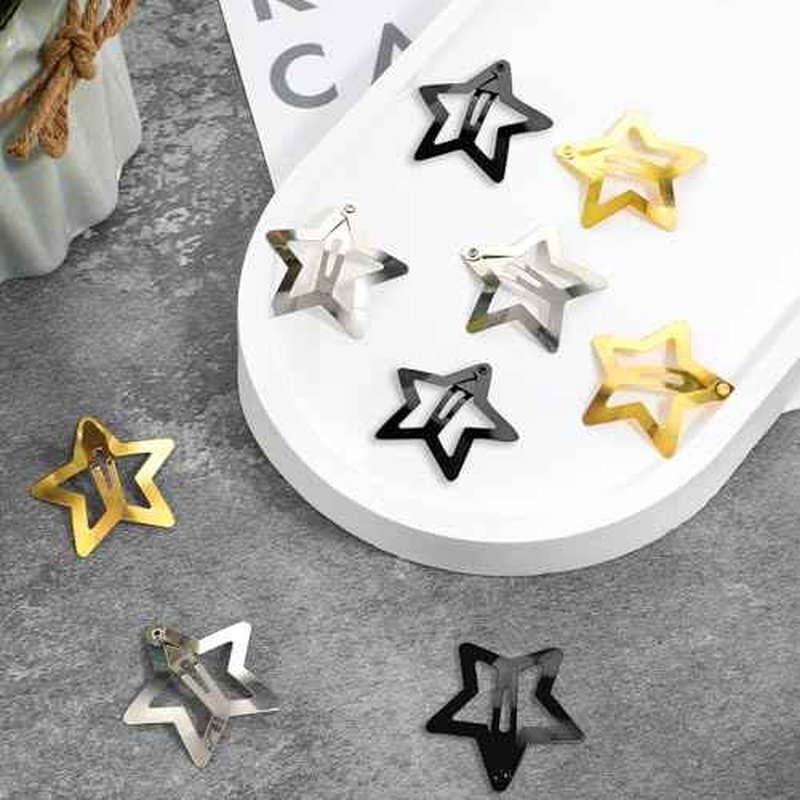 12PCS Metal Star Snap Hair Clips, 1.6 Inches for Kids Girls and Women, Silver/Gold/Black Barrettes, Non Slip 2000s Y2K Cute Hair Accessories