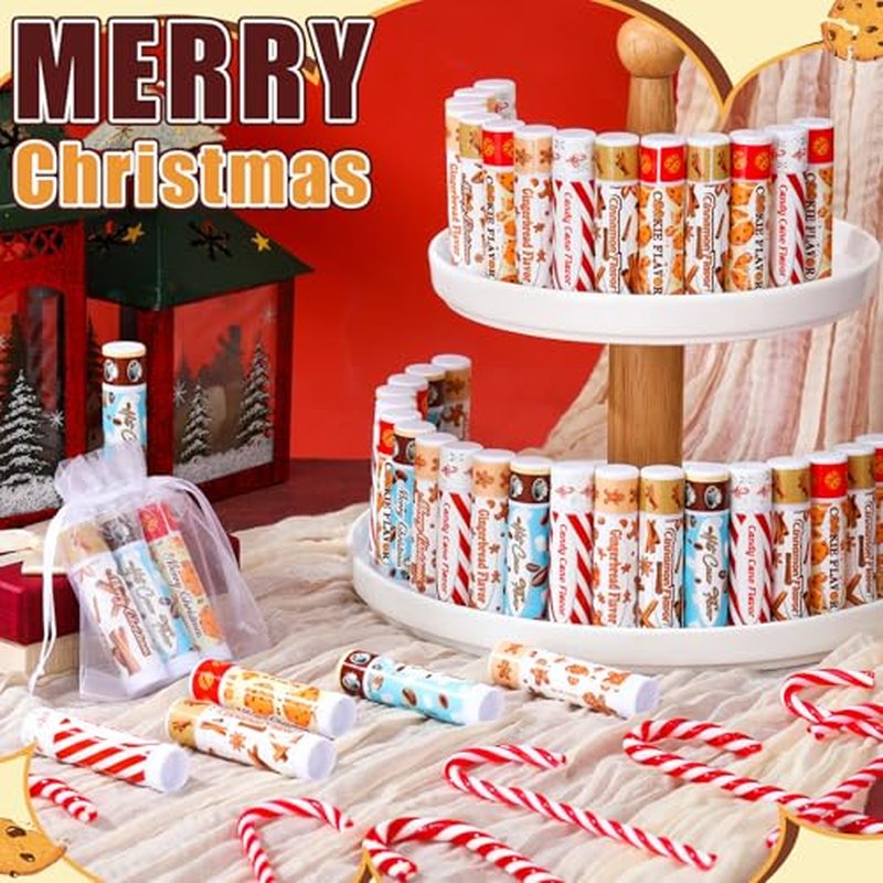 100pcs Christmas Peppermint Flavor Lip Balms Gift Bulk Candy Gingebread Hot Cocoa Cookie Cinnamon Flavor Lip Balm Favor Christmas Party Gift Stocking Stuffer for Coworker Staff Employee (Cute)