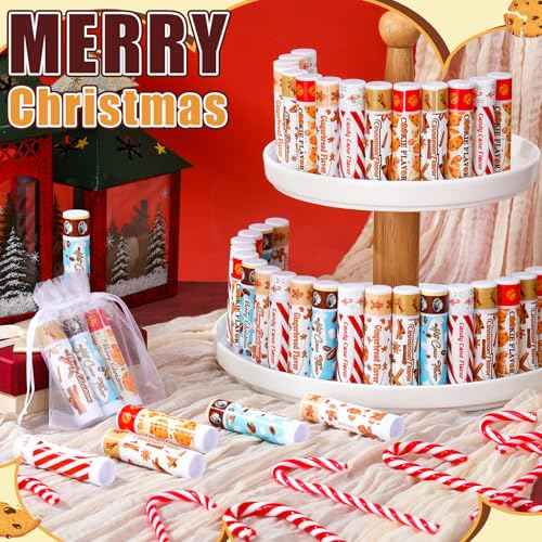 50pcs Christmas Peppermint Candy Flavor Lip Balms Gift Bulk Candy Gingerbread Hot Cocoa Cookie Cinnamon Flavor Lip Balm Christmas Party Gift Stocking Stuffer for Coworker Staff Employee (Cute)