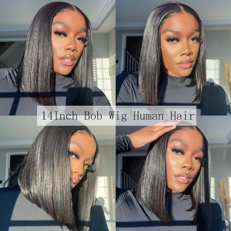 Bob Wig Human Hair 13x4 Lace Front Wigs Human Hair Pre Plucked 14 Inch Straight HD Lace Frontal Short Glueless Wigs for Women with Baby Hair 180% Density Natural Black Color
