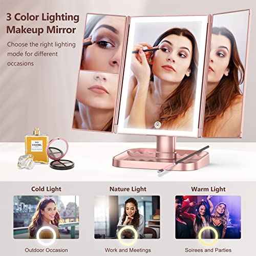 Makeup Mirror with Lights, 3 Color Lighting, Lighted Makeup Mirror, 10x 3X 2X Magnification, Vanity Mirror with 72LEDs, Touch Control, Dual Power Supply, Female Gift(Rose Gold)