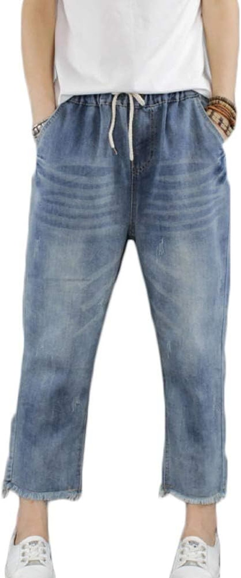 Cropped Jeans for Women - Loose Fit Cotton Denim Joggers with Elastic Waist & Ripped Details | Casual Style
