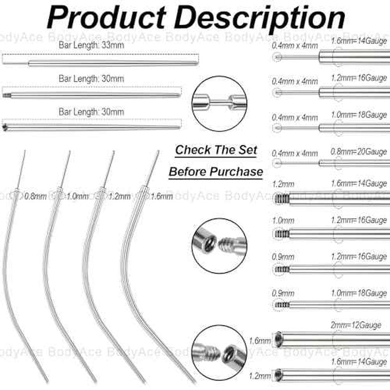 BodyAce 14G 16G 18G 20G Piercing Taper, Stainless Steel Threadless Insertion Pin Screw On Assistant Tool, Curved Body Piercing Stretching Kit for Ear/Nose/Navel/Lip/Eyebrow