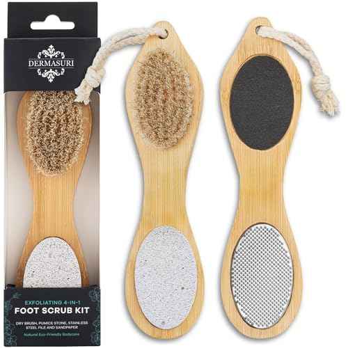 Dermasuri - 4 in 1 Exfoliating Foot Scrub Kit - Multi Purpose Foot Care - Natural Bamboo Pedicure Foot Spa Kit - Pumice Stone Callus Remover - Stainless Steel File, Sand Paper Surface, & Dry Brush