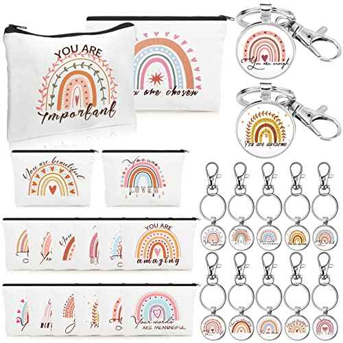 Pinkunn Christmas Rainbow Canvas Cosmetic Bag Bulk with Inspirational Quote Keychains Set 16 Pcs Cosmetic Bags 16 Pcs Keychains You are Amazing Beautiful Kind Travel Pouch Zipper