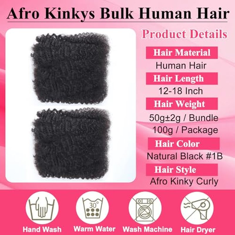 Afro Kinkys Bulk Human Hair for Braiding 2 Bundles 16 Inch 100g Afro Kinky-Curly Human Hair Bulk for Twist No Weft 4c Kinky Curly Bundles for Braids Micro Locs Dreadlock Extensions Nature Black