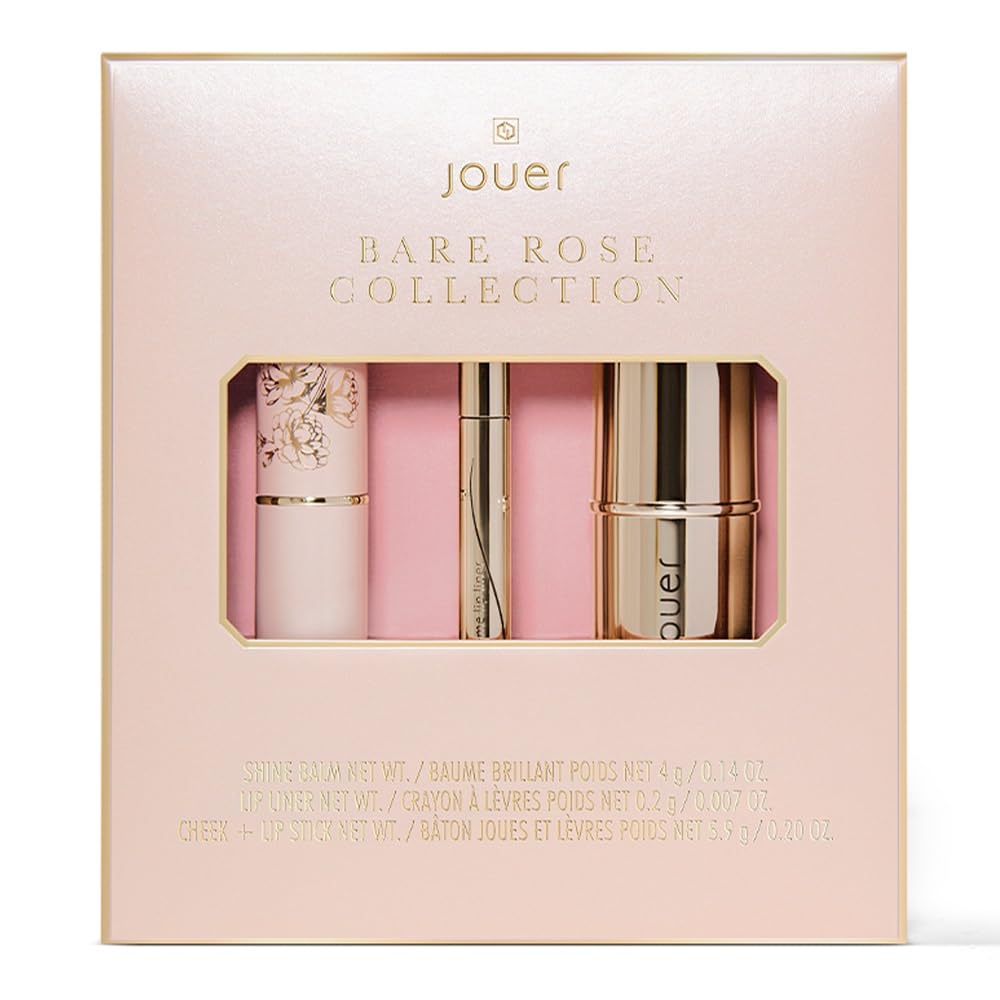 Jouer Bare Rose Collection | Blush Stick, Cream Lip Liner, Lip Plumping Balm Kit | Face Makeup in Rose Shades, Hydrating Formulas for Long Wear | $78 Value