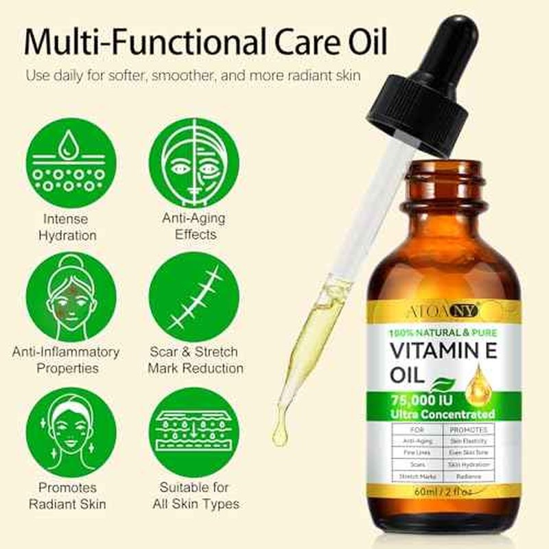 Vitamin E Oil,Natural Vitamin E Oil for Skin 75,000 IU, Organic Pure Vitamins E Oils for Skin Face,Body Bath Moisturizing and Winkles,Reduce Fine Lines & Scars 2Fl Oz