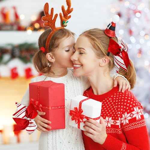 4Pcs Christmas Cheer Hair Bows Scrunchies Glitter Red Candy Striped Ribbon Bowknot Hair Ties Xmas Ponytail Holder for Women Winter Birthday Costume Supplies