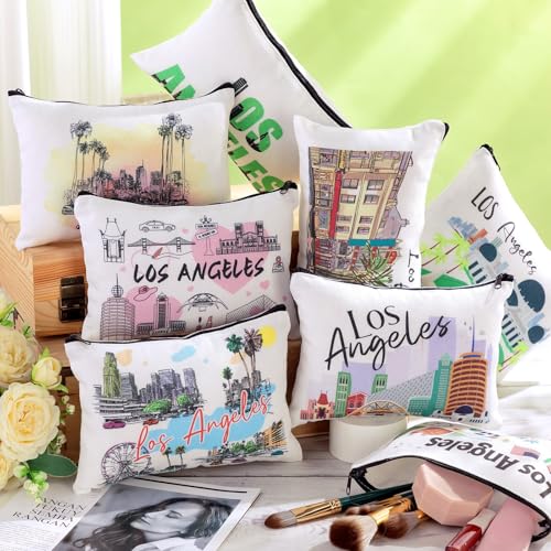 Reginary 12 Pcs Los Angeles Souvenirs Canvas Cosmetic Bag Watercolor Los Angeles City Souvenir Gift Women Travel Gifts Grocery Christmas Party Favors