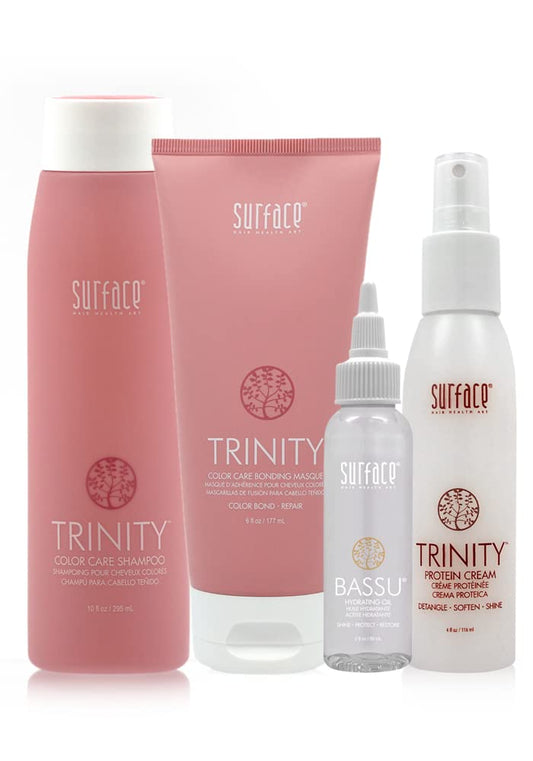 Surface Hair Brunette and Redhead Solution: Trinity Color Care Shampoo and Trinity Color Bond Masque PLUS Trinity Protein Cream AND Bassu Oil