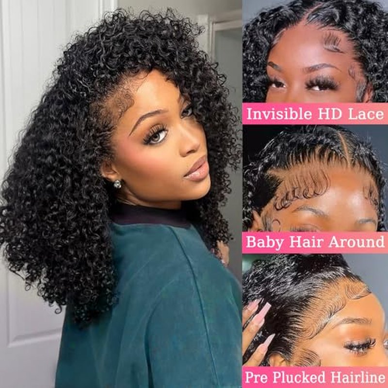 Curly Bob Wig Human Hair 13x6 Frontal Lace Wig Deep Curly Virgin Human Hair Wig Pre Plucked HD Transparent Lace Frontal Wigs for Women Natural Black 14 Inch