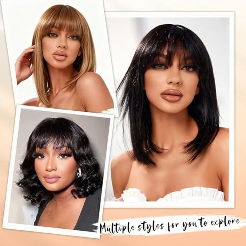 Black Bob Wigs Human Hair Short Wig with Bangs Straight Wigs Human Hair Glueless Wear and Go 150% Density Wigs for Women Daily Use 14 Inch