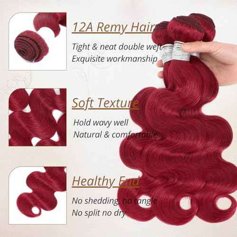12A Burgundy Red Bundles with Closure 2x6 Human Hair Body Wave 16 18 20+16 Inch, 3 Bundles and 2x6 HD Transparent Lace Closure Human Hair Deep Part Cherry Red 99J Colored Bundles Quick Weave