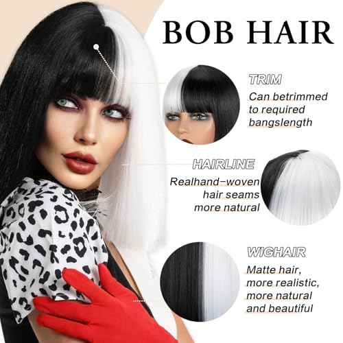MYQUEEN Black and White Bob Wig With Bangs Cruella Deville Costume for Women Girl Kids 12 Inch Short Straight Bob Bangs Wig for Daily Party Holloween Use