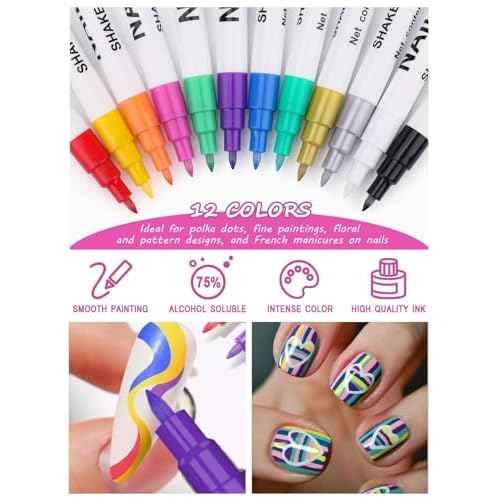 12 Color 3D Nail Art Pens Set, Kalolary Nail Pens Nail Point Graffiti Dotting Pen Drawing Painting Liner Brush for DIY Nail Art Beauty Adorn Manicure Tools
