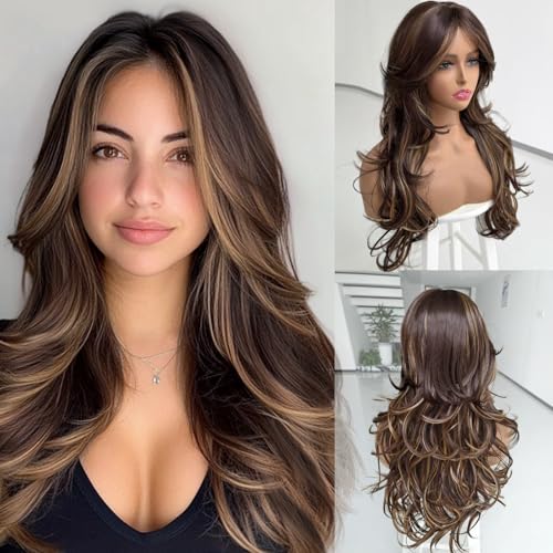 Aisaide Highlight Honey Brown Mix Dark Blonde Long Wavy Wig Layered with Curtain Bangs for Black Women Synthetic Highlight Brown Layered Wig Long Wavy Shaggy for Women 24inch