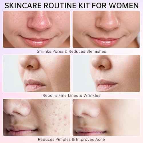 Sakura Skin Care Set for Teen Girls, Skincare Gift Set for Teens 10-12, Hydrating & Soothing, 5 Pcs Collagen Skincare Routine Kit for Women with Cleanser, Serum, Cream, Bunny Headband, Cleansing Brush