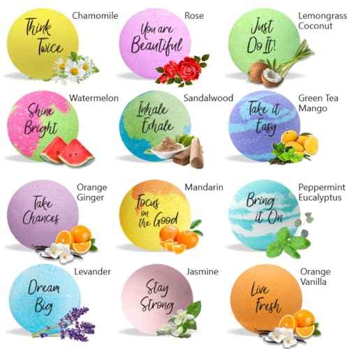 Bath Bombs for Women Relaxing with Inspirational Messages, 12 Natural and Organic Bath Bombs with Essential Oils & Skin Moisturizing Shea Butter. Stocking Stuffers Christmas Gifts for Wife Girlfriend