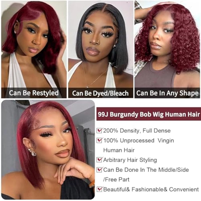 LICHANG 99J Burgundy Bob Wigs Human Hair 13x4 lace Front Wigs Human Hair 200% Density Short Straight Frontal Bob Wigs For Women Human Hair Pre Plucked with Baby Hair Natural Hairline Wine Red 10 Inch