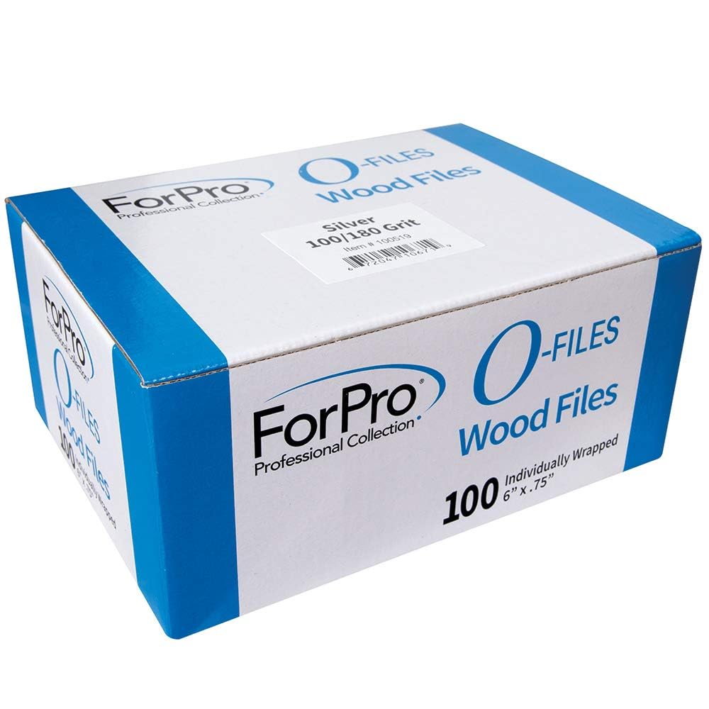 ForPro O-Files Wood Board, 100/180 Grit, Silver, Double-Sided Manicure & Pedicure Nail Files, 6” L x .75“ W, 100-Count