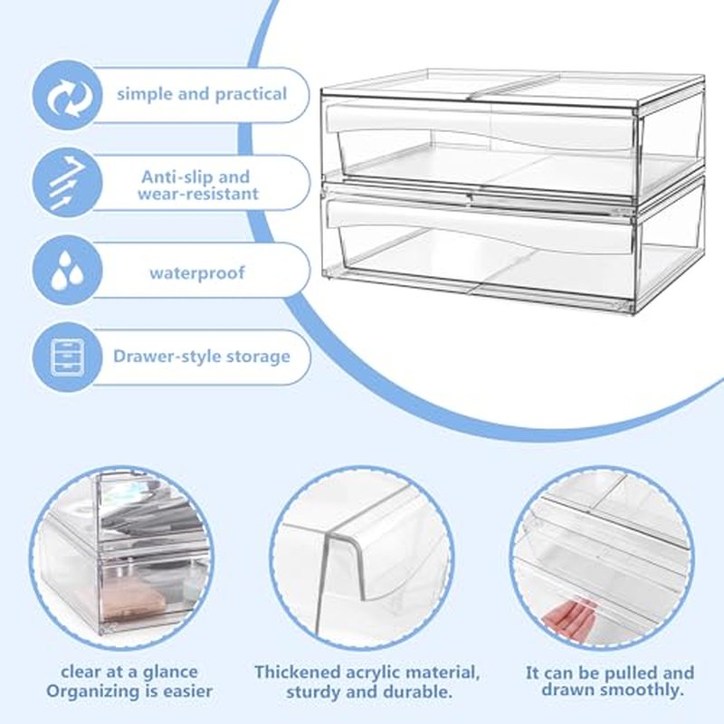 Homeanda 4 Pack Clear Stackable Storage Drawers, 12.1''W Acrylic Plastic Organizers for Makeup, Nail Polish, Snacks, Beauty Supplies, Ideal for Vanity, Bathroom, Undersink, Cabinet, Desk Organization