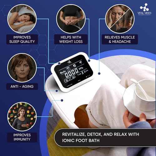 Vital Vibes Ultimate Ionic Foot Bath Detox Machine - Foot Detox Machine for Spa Bath with Touch Display - Epsom Salt & Towel - Collapsible Soaking tub -2 Powerful Array- Ion Wristband-Tub Liners