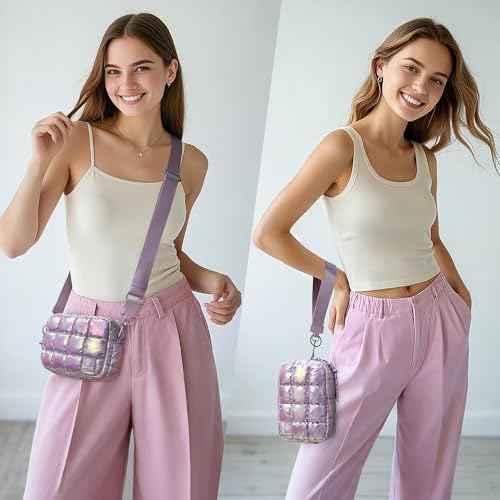 Quilted Cosmetic Bag, Puffer Makeup Bags, Crossbody Purses for women,Cute Travel Toiletry Bag for Women (Dazzling Light Purple)