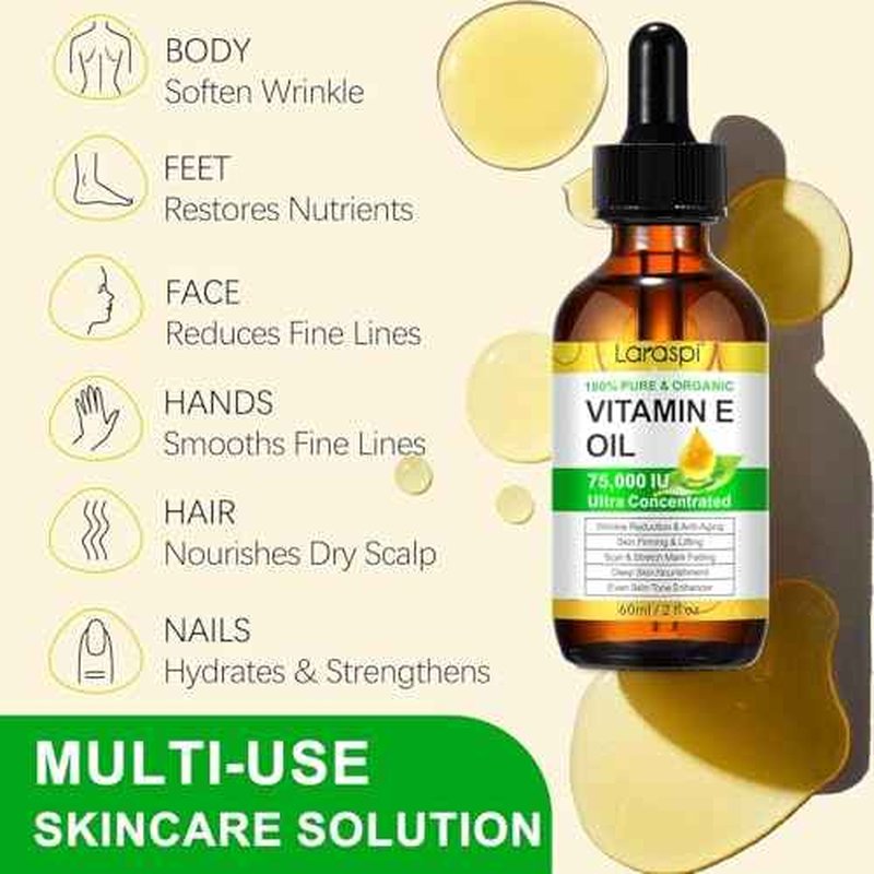 Vitamin E Oil, 75,000 IU Pure Vitamin E Oil for Skin, Face, Scars, Body, for Moisturizing Dry Skin, 2 Oz