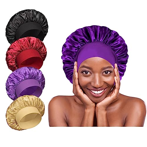 4Pcs Silk Satin Bonnets for Sleeping - Elastic Wide Band Wrap for Black Women Men,Silk Bonnets for Curly Hair,Large Hair Cap for Sleeping (Black+Wine Red+Purple+Brown)
