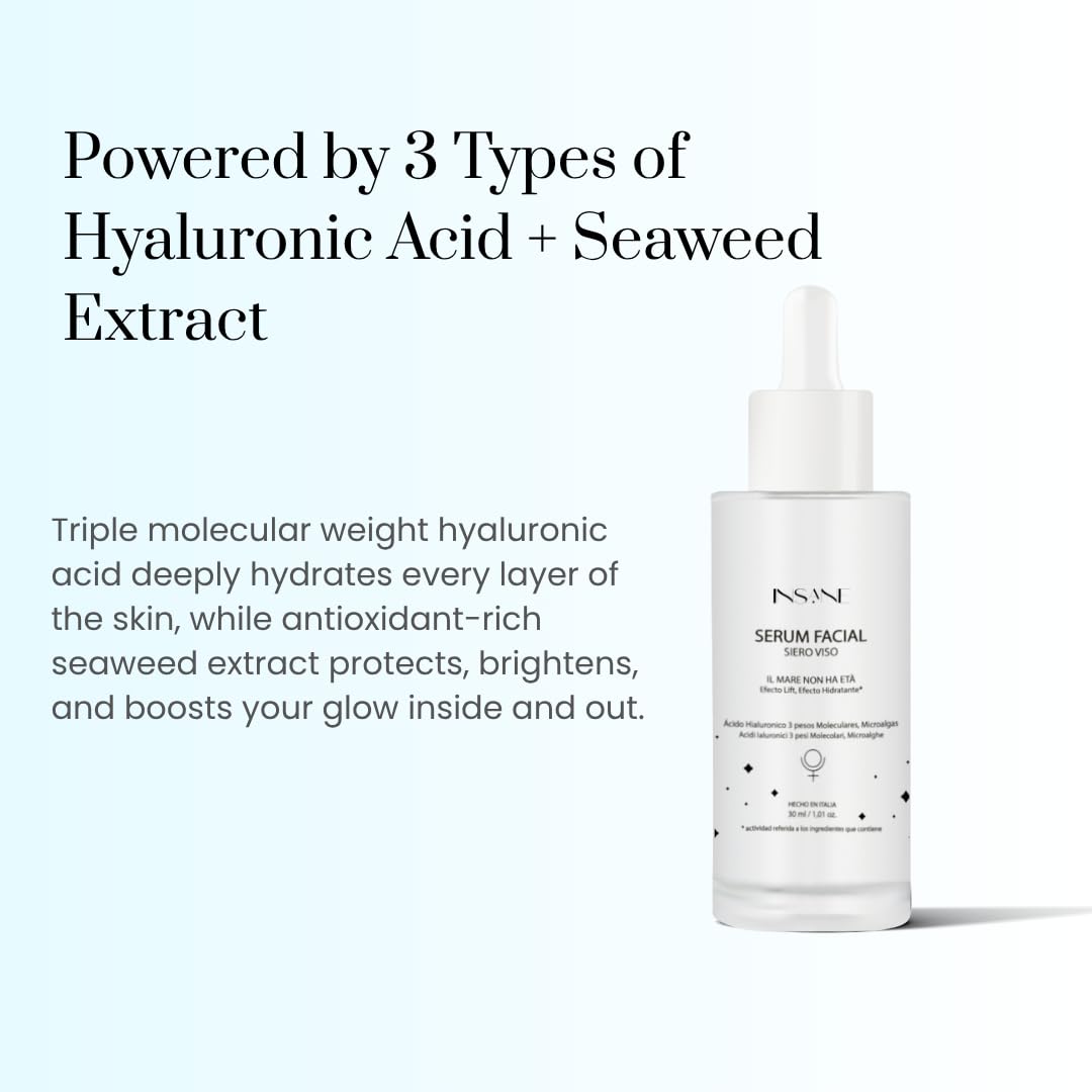 INSANE GLOW Multi-Molecular Hyaluronic Acid + Seaweed Face Serum – Anti-Aging, Hydrating & Firming for Sensitive Skin with Low, Medium & High Molecular Weight HA, Anti-Pollution Seaweed & Microalgae