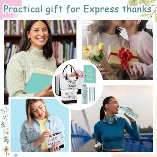 7 Pcs Christian Gift for Women Faith, Inspirational Religious Christmas Gifts, Catholic Tote Bag Makeup Bag Pens(Light Blue)