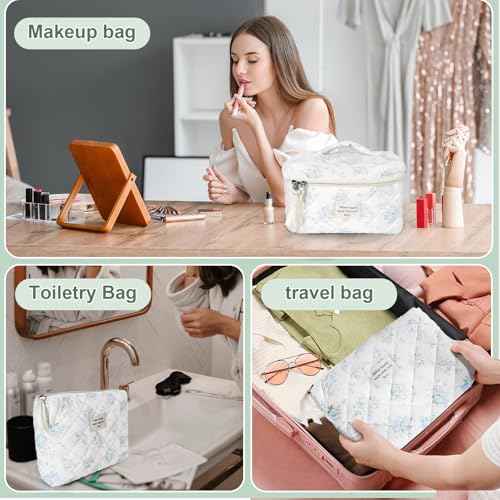 3Pcs Cotton Quilted Makeup Bag Large Travel Cosmetic Bag Coquette Makeup Pouch Cute Aesthetic Floral Toiletry Bag for Women Girls (flower-T)